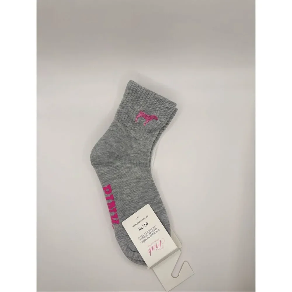 PINK Victoria’s Secret 2-Pack Quarter Socks White Gray NWT